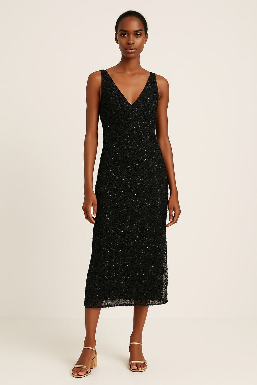 Zara Black Speckled Mesh Knit Midi Dress V-Neck Slip Lined – Size S